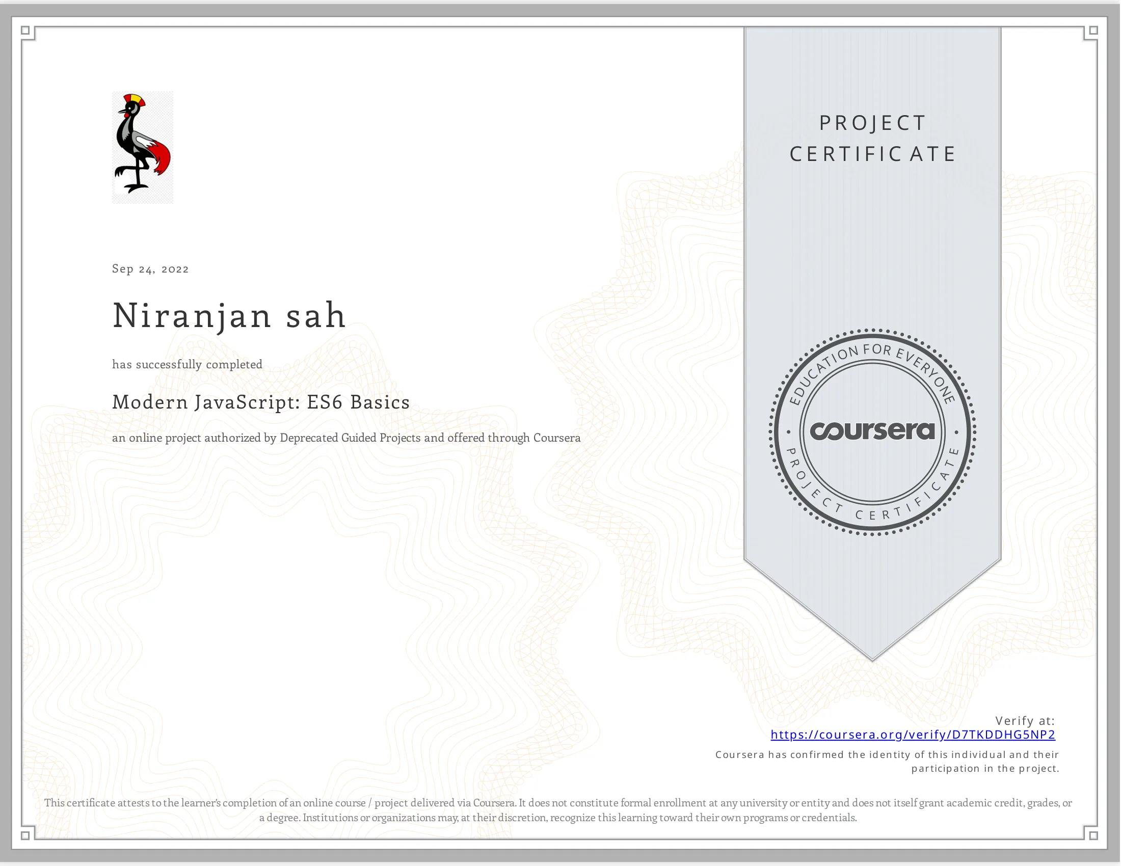 Modern JavaScript: ES6 Basics certificate